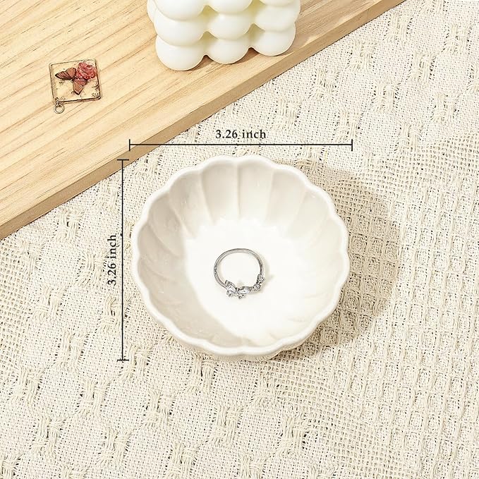 Koythin 2-Piece Small Trinket Dish, Ceramic Jewelry Ring Dish, Flower Key Holder Bowl for Women, Decorative Plate Tray for Dresser, Home Decor Organizer Trinket Tray (Round Petal Flower, White)