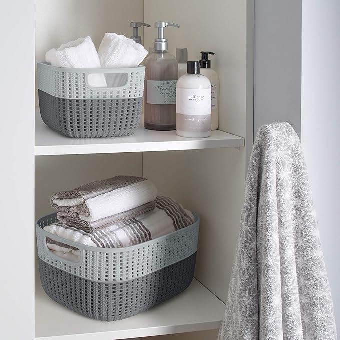 Simplify 2 Tone Sailor Knot Plastic Storage Tote | Decorative Basket | Closet Organization | De-clutter | Accessories | Toys | Bathroom Organization | Medium | Grey/Grey