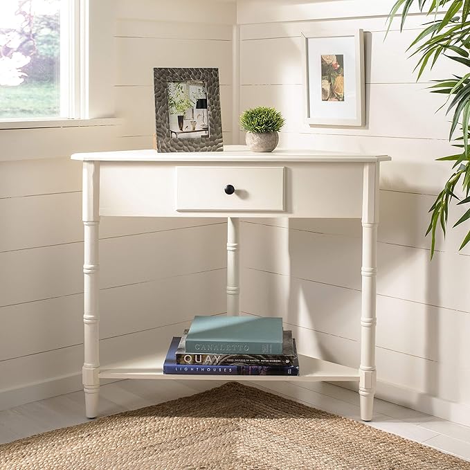 SAFAVIEH Home Collection â Gomez Distressed Cream Corner Accent Table with Drawer & Shelf, Space-Saving Triangular Design, Small Space Storage Table (AMH5709C)
