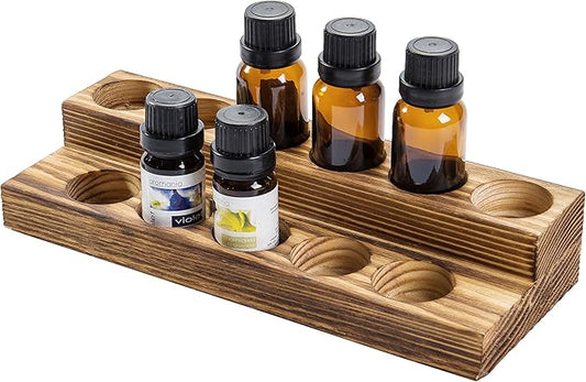 MyGift 8.5 Inch Rustic Burnt Solid Wood Essential Oil Holder Stand with 2 Tier Display, Vanity Tabletop Cosmetic Storage Organizer Rack, Holds 11 (20ml) Bottles