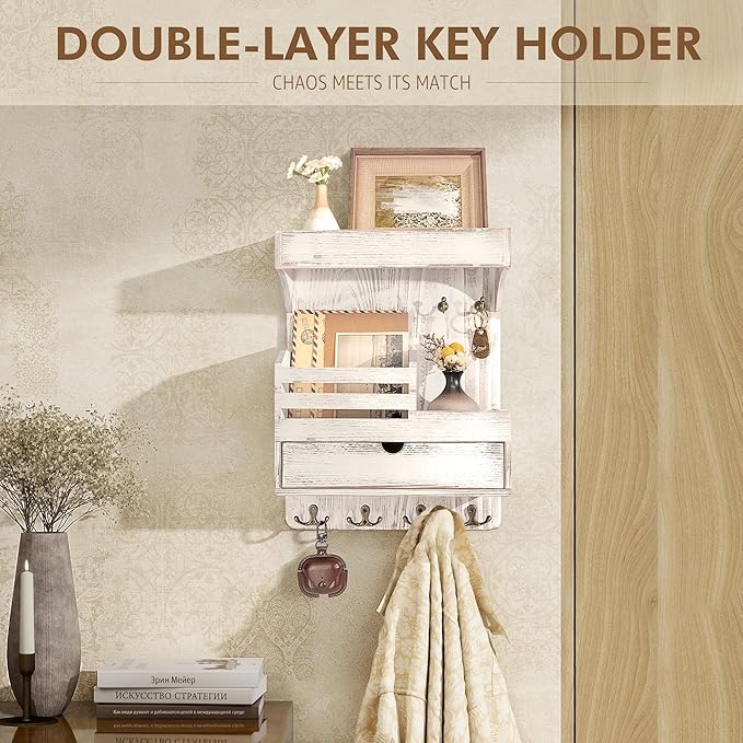 Rebee Vision Farmhouse Key Holder Wall Mount with Drawer Organizer – Pine Wooden Mail and Key Organizer for Wall with 6 Rustic Hooks & Floating Shelf – Chic Home Decor Accent (Whitewash)