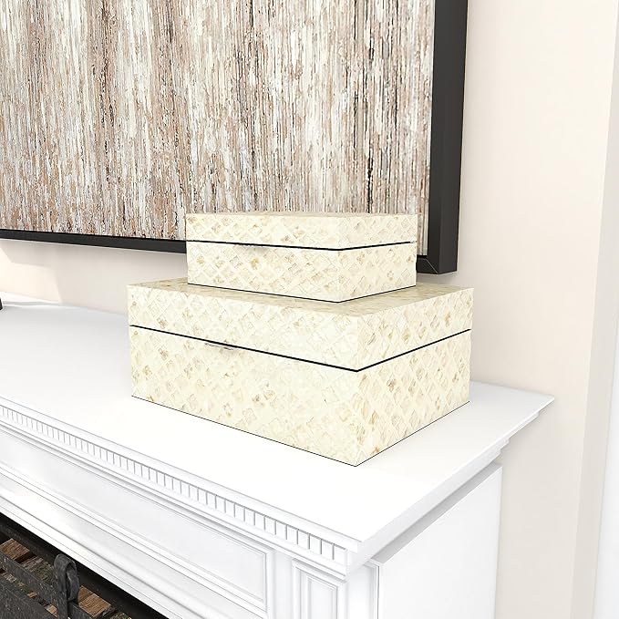 Deco 79 Mother of Pearl Shell Handmade Decorative Box Decorative Keepsake Boxes with Hinged Lid, Set of 2 Storage Boxes 12", 8"W, Cream
