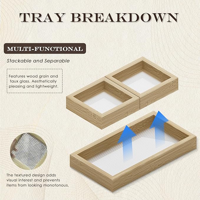 Bathroom Vanity Tray Set 3 - Wooden Decorative Tray for Toilet Tank, and Coffee Table Organizer, Wood Color