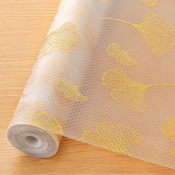 Cooyes Shelf Liner, Non Adhesive Drawer and Cabinet Liner, EVA Washable Oil-Proof Shelf Paper for Kitchen Cabinets, Refrigerator, Storage, Desks with Modern Pattern （Gold Ginkgo，11.8" W x 118" L）