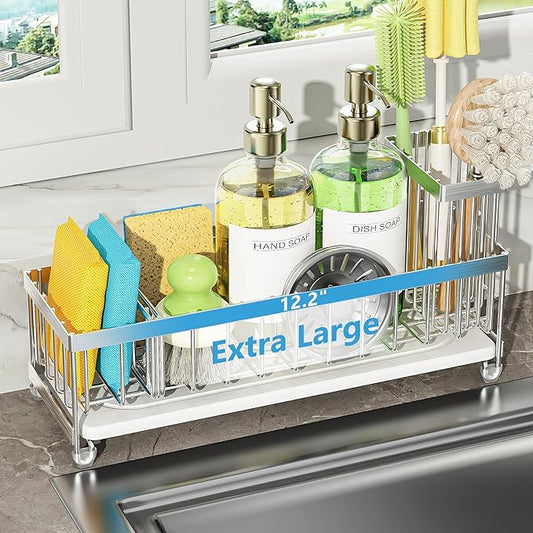 Cisily Extra Large Sink Caddy Organizer with Drying Stone, Silver Sponge Holder for Kitchen, Dish Brush Holder for Countertop, Kitchen Decor Storage and Essentials