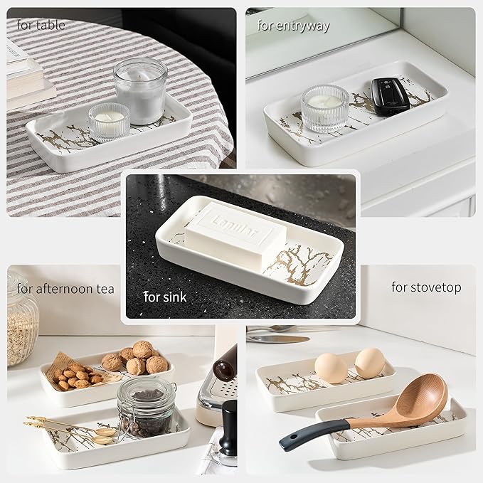 Bathroom Vanity Tray for Countertop,2PC Rectangle Marble Tray Set,Decorative Bathroom Organizer for Scrubber, Lotion Bottles, Perfume, Jewelry, Candle, Key Trinket Ringï¼Small,Whiteï¼