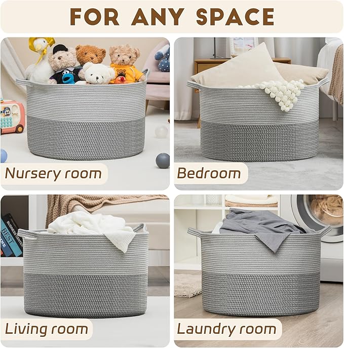 XXXLarge Woven Cotton Rope Basket (21.7" x 13.8") 90L – Blanket Basket for Living Room, Laundry Hamper, Baby Laundry Hamper, Toy Storage, Pillows & Cushions Organizer (Mixed Grey)