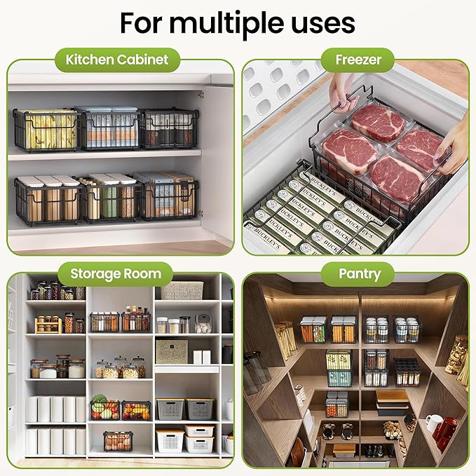 Freezer Organizer Bins, 3 Pack Big Stackable Deep Chest Freezer Organizer Bins, Foldable Baskets with Handles, Black Storage Container Baskets for 5 to 9 Cu.FT Deep Freezer Sort Frozen Meats