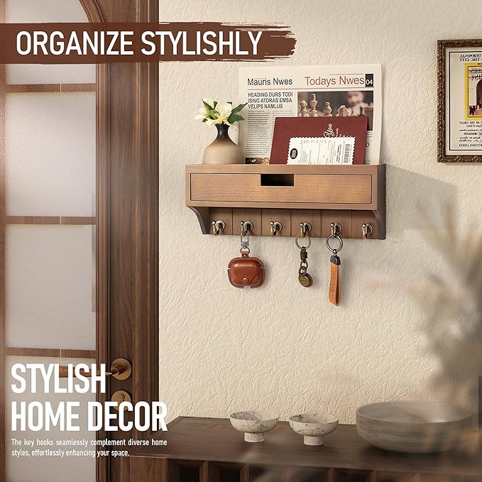 Rebee Vision Farmhouse Pine Wood Key Holder Wall Mount with Drawer Organizer – Mail Organizer with 6 Sturdy Key Hooks and Storage Drawer – Rustic Home Decor for Apartment Essentials (Brown)
