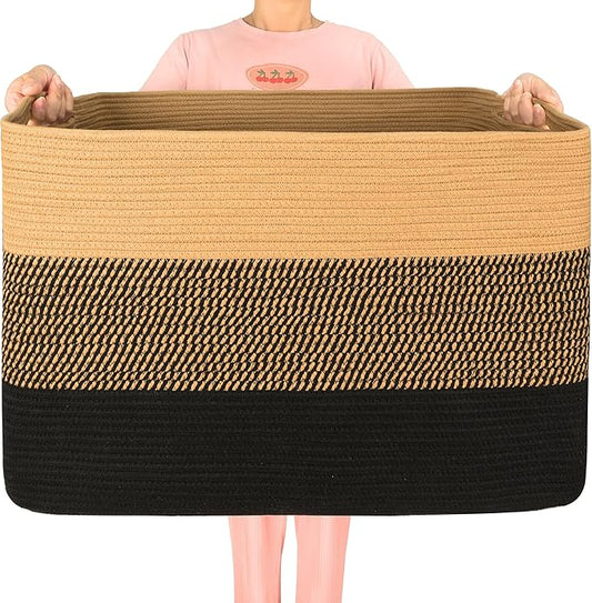 MINTWOOD Design 112L Extra Large Blanket Basket Holder Living Room, 25"x17"x16" Rectangle Rope Woven Storage Basket with Handles for Laundry, Pool Towels, Shoes, Dog Toy Organizer Bin Box, Black Jute