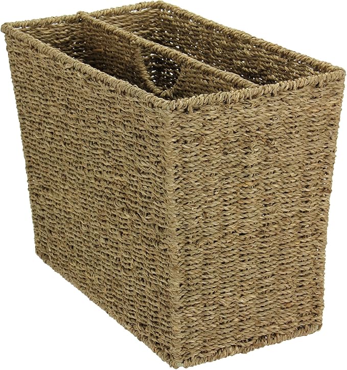 Household Essentials Wicker Magazine Rack, Handwoven Seagrass, Strong Metal Wire Frame, Built-In Handle and Divider, Lightweight, Contemporary, Great for Puzzle Books, Mail and More, Natural