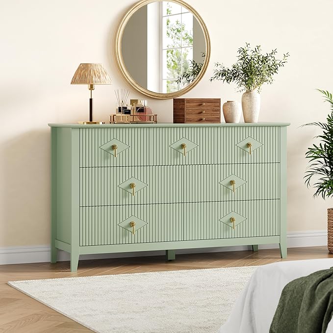 GarveeHome Fluted Dresser for Bedroom, 54 in Wide 7-Drawer Wood Dresser, Modern Chest of Drawers, Storage Organizer Cabinet for Living Room, Hallway, Entryway, Green