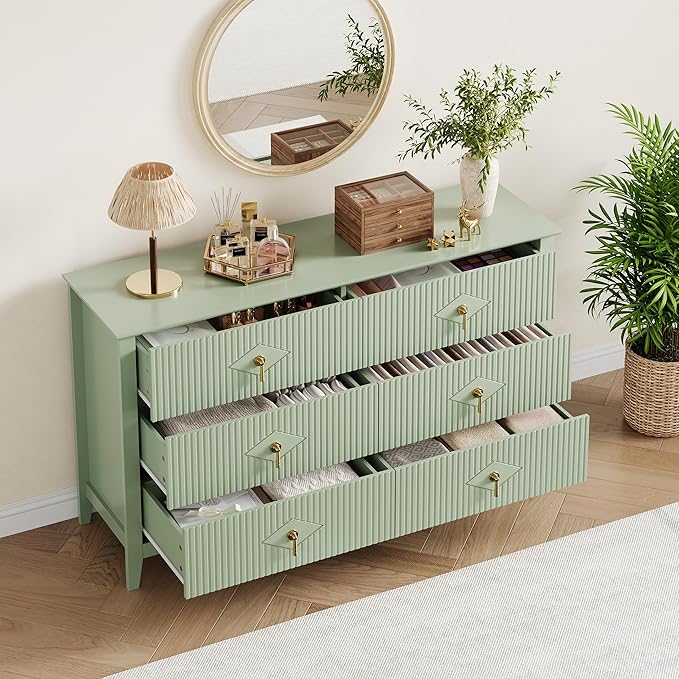 GarveeHome Fluted Dresser for Bedroom, 54 Inch Wide 6-Drawer Wood Dresser, Modern Chest of Drawers, Storage Organizer Cabinet for Living Room, Hallway, Entryway, Green