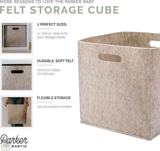 Parker Baby Felt Foldable Storage Cube - 11 Inch Nursery Cubby Bin for Cube Organizer, Closet Organizers and Storage Toy Bin, Rope Baskets Bins for Toyâs Storage - Oatmeal
