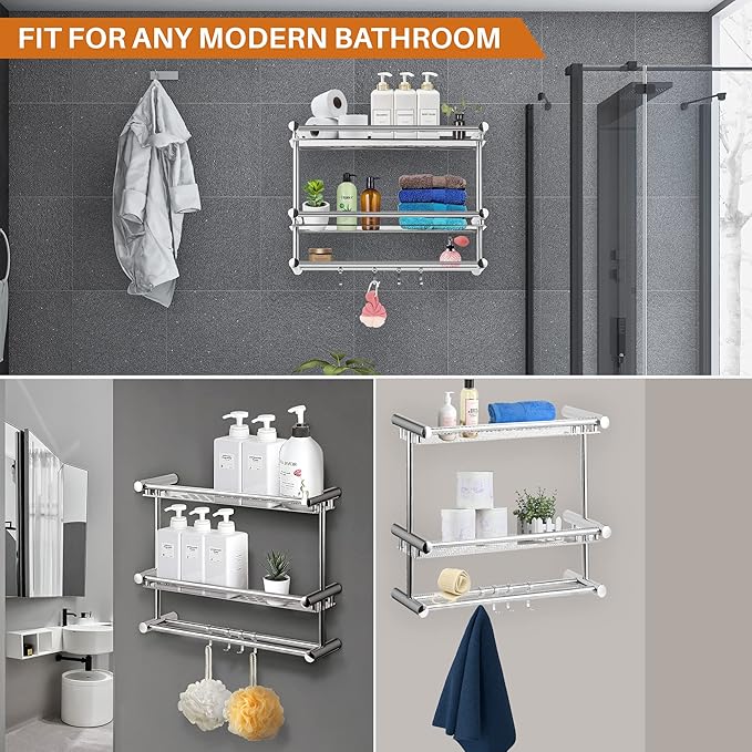 Cheer Collection Wall Mounted Shower Caddy - 2 Tier Stainless Steel Bathroom Shelves Organizer with Towel Hooks, No Drilling Necessary