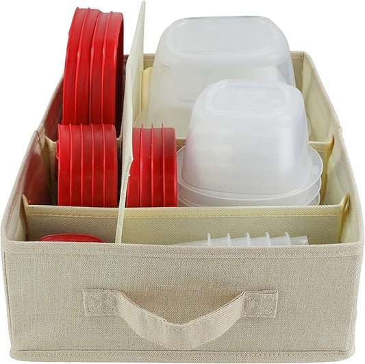 Food Storage Container Organizer Box – A Kitchen Drawer Organizer Compatible with Rubbermaid, Glad Containers and Lids – Adjustable Foldable Cloth Box