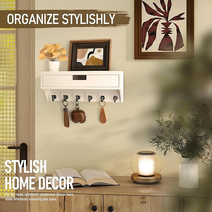 Rebee Vision Decorative Pine Wood Key Holder Wall Mount with Drawer Organizer - Mail Organizer with 6 Key Hooks - Stylish Wall Shelf for Apartment Essentials (Modern White)