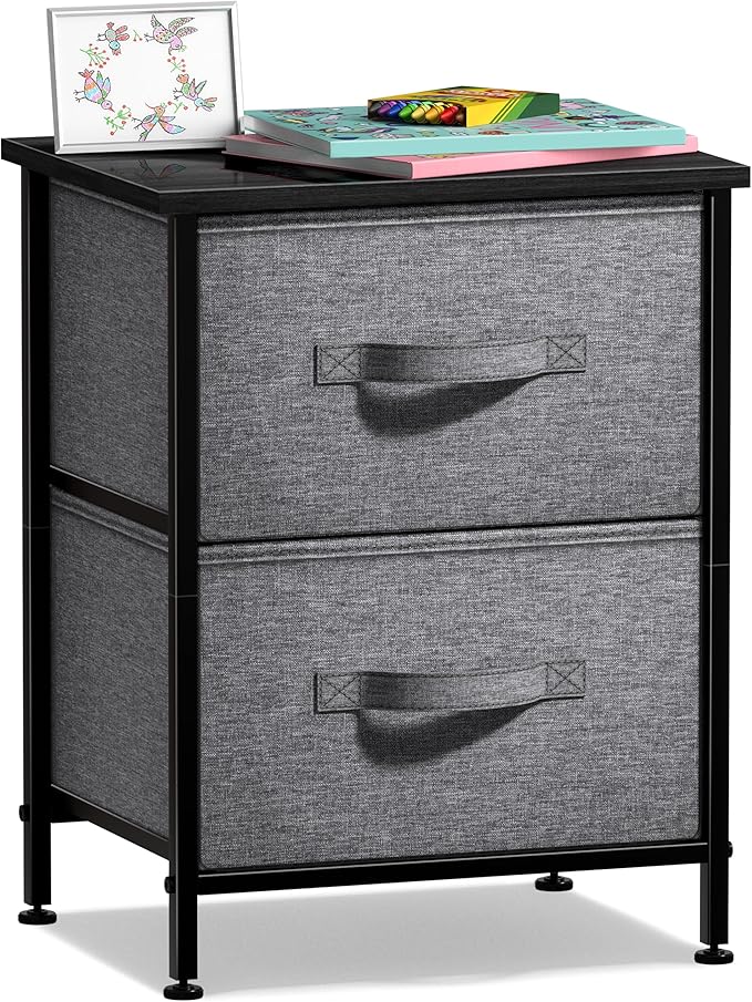 Sorbus Nightstand with 2 Drawers - Bedside Furniture End Table Night Stand with Steel Frame, Wood Top & Easy Pull Fabric Bins - Small Dresser & Chest for Home, Bedroom Accessories & Office