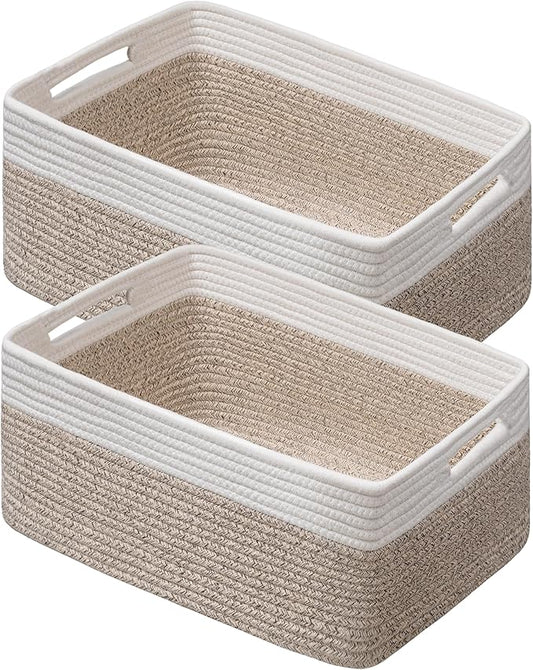 UBBCARE 2 Pack Storage Baskets for Shelves, Large Woven Storage Baskets, Dog Toy Bins, Baskets for Organizing Clothes, Towels, Books, Blanket, 17"L x 13"W x 7.5"H, White&Brown