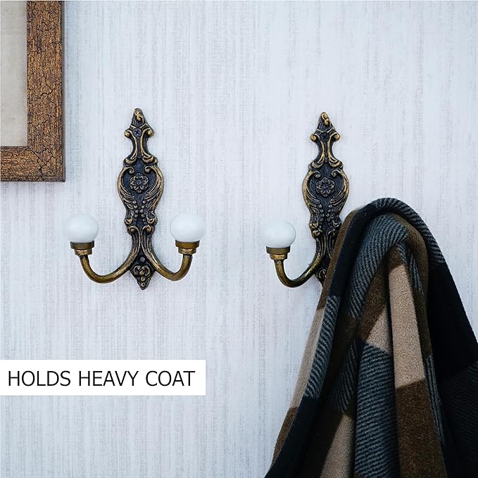 Indian Shelf Pack of 6 Heavy Duty Double Hooks for Hanging White Decorative Coat Hooks Double Prong Unique Coat Rack Wall Mount Ceramic Vintage Wall Hooks Towel Holder Backpack Purse Hanger- Style 6