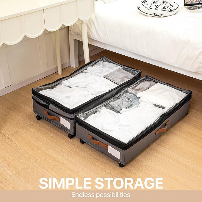 Expandable Under Bed Storage with Wheels 2 Pack â Large Under Bed and Closet Storage - Expandable Storage Bins with Lid & Dividers, Low Profile Storage Solution for Clothes, Shoes Great for Dorm Rooms