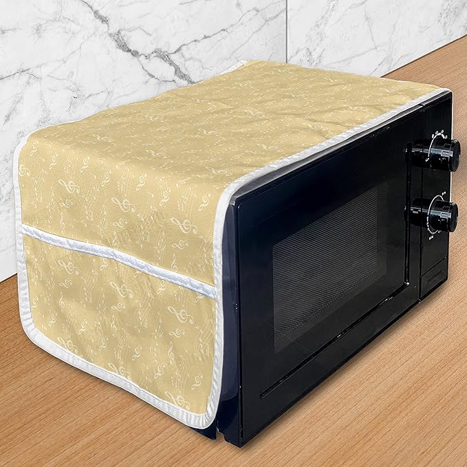 Ambesonne Musical Microwave Oven Cover, Monochrome Illustration Pattern of Wavy Music Notes Abstract Art, Water Resistant Organizer with Pockets for Kitchen, 36" x 12", Brown White