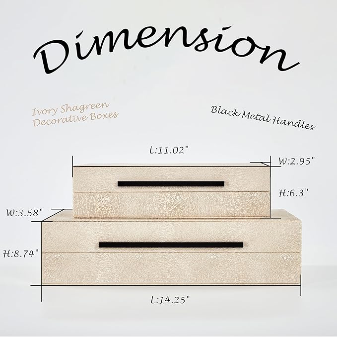 Denique Shagreen Decorative Boxes Set of 2, Leather Jewelry Storage Box Modern Storage Boxes with Lids, Ivory Stacking Boxes with Black Metal Handles Home Organizer Box