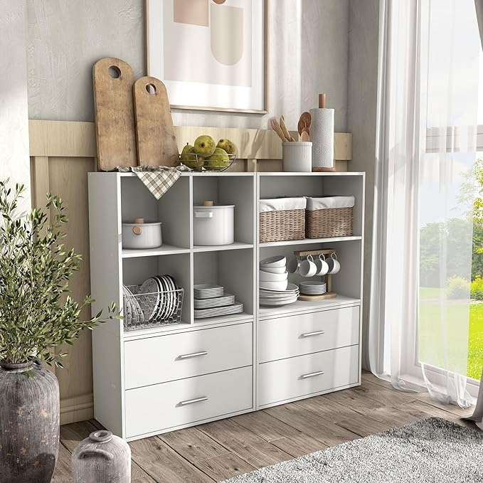 Homes: Inside + Out Apexa 3-Tier Stackable Wood Bookcase with Doors, Cube Storage Organizer Shelves, Small Food Pantry Cabinet, Dorm Teen Room Decor & Bedroom, Home Office, Kitchen, White