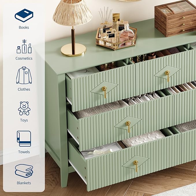 GarveeHome Fluted Dresser for Bedroom, 54 in Wide 7-Drawer Wood Dresser, Modern Chest of Drawers, Storage Organizer Cabinet for Living Room, Hallway, Entryway, Green