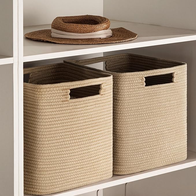 UBBCARE Set of 4 Storage Basket-11 X 10.5 X 10.5 In, Cotton Rope Basket for Shelves, Toys, Book, Cube Storage Bins with Handles, Woven Storage Baskets for Organizing, Brown