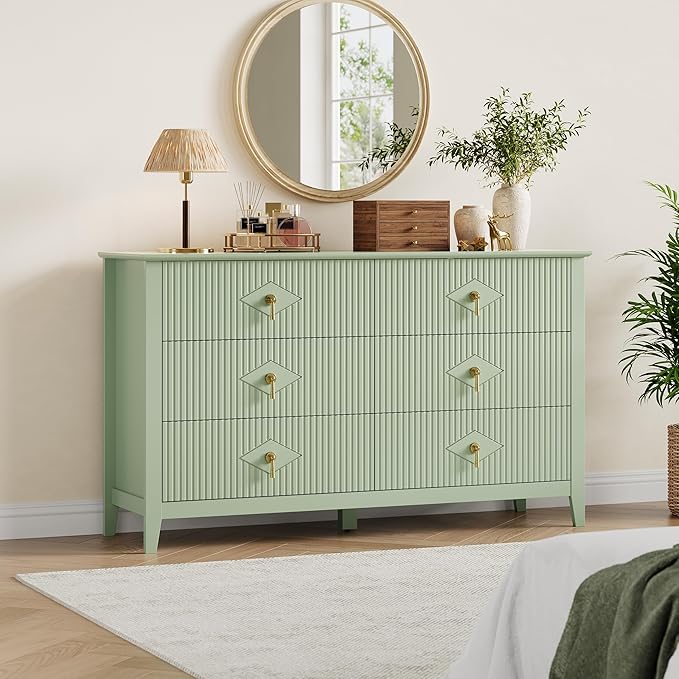 GarveeHome Fluted Dresser for Bedroom, 54 Inch Wide 6-Drawer Wood Dresser, Modern Chest of Drawers, Storage Organizer Cabinet for Living Room, Hallway, Entryway, Green