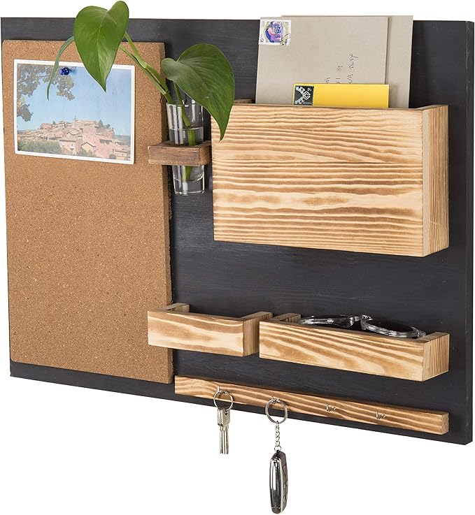 MyGift 25 x 19 Inch Wall Mounted Dual Tone Solid Wood Entryway Organizer with Cork Bulletin Board, Mail Holder, Glass Flower Vase, and 4 Hanging Hooks for Keys