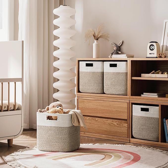 UBBCARE Set of 4 Storage Basket-12 X 12 X 12 in, Cotton Rope Basket for Shelves, Toys, Book, Cube Storage Bins with Handles, Woven Storage Basket for Organizing, White Brown