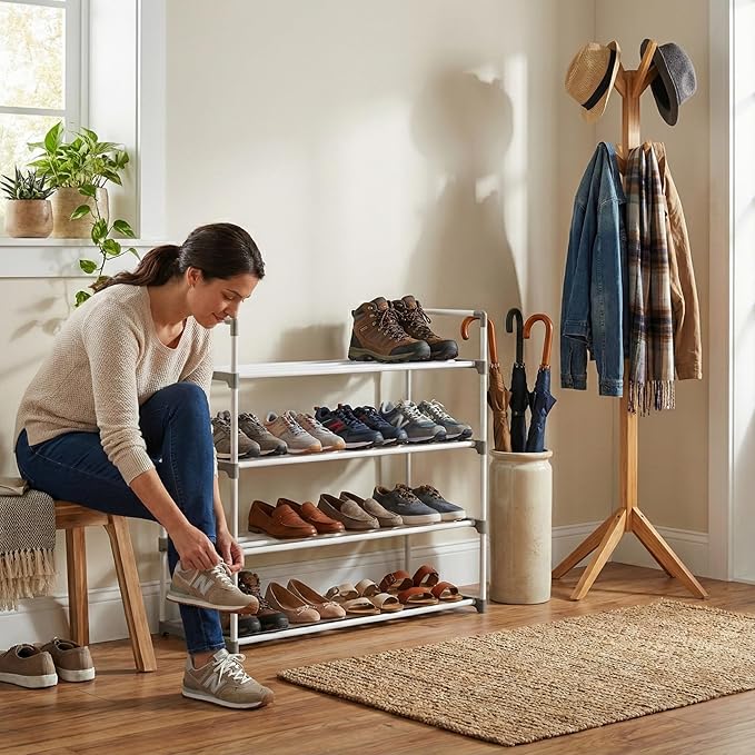 Shoe Rack - 4-Tier Shoe Organizer for Closet, Bathroom, Entryway - Shelf Holds 20 Pairs Sneakers, Heels, Boots by Home-Complete (White)