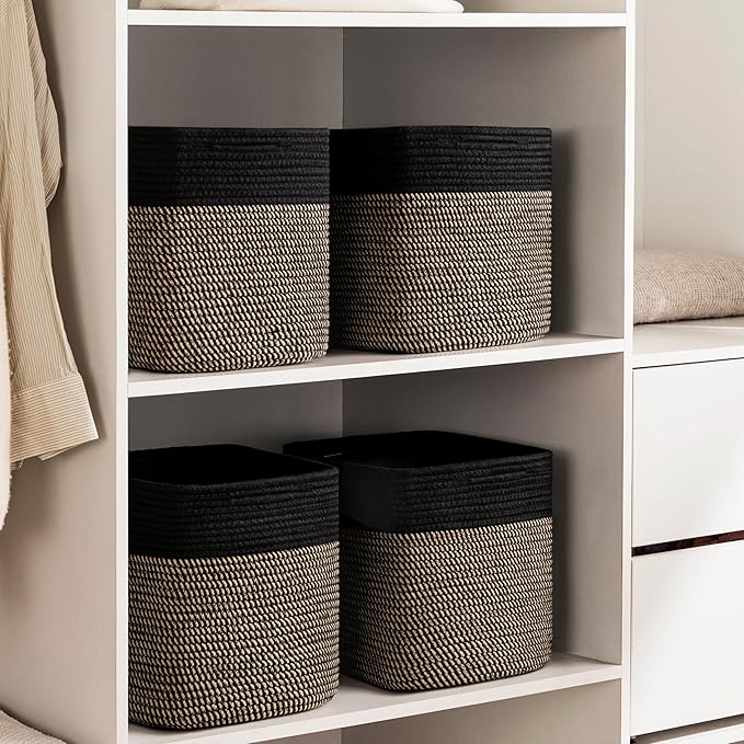 joybest 13x13x13 Inch Cube Storage Bins Set of 4, Cotton Rope Woven Organizer Basket for Shelves, Cube Bin Square Shelves Organizer Closet Storage, Nursery, Toy Organization, Black&Dark Brown