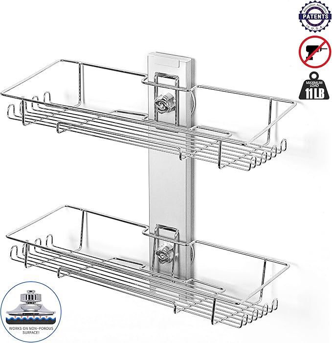 Bath Beyond BATHBEYOND Shower Caddy Suction Cup Tier Shower Shelf - Adjustable Shower Caddy 400 Stainless Steel No-Drilling and Extra Adhesive Sticker for More Stronger Suction (2Tier)