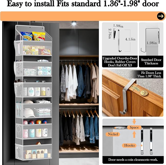 PAULONE 1 Pack Heavy Duty Over the Door Organizer, 6 Large + 12 Mesh Pockets with 89 lbs Capacity, Space-Saving Hanging Storage for Shoes, Toys, Bedroom & Closet (6-Layer Light Gray)