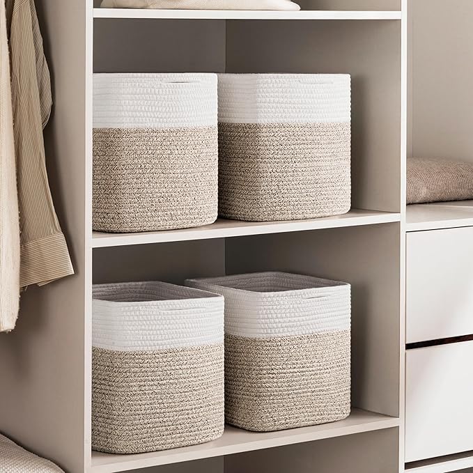 joybest 13x13x13 Inch Cube Storage Bins Set of 4, Cotton Rope Woven Organizer Basket for Shelves, Cube Bin Square Shelves Organizer Closet Storage, Nursery, Toy Organization, Brown&White