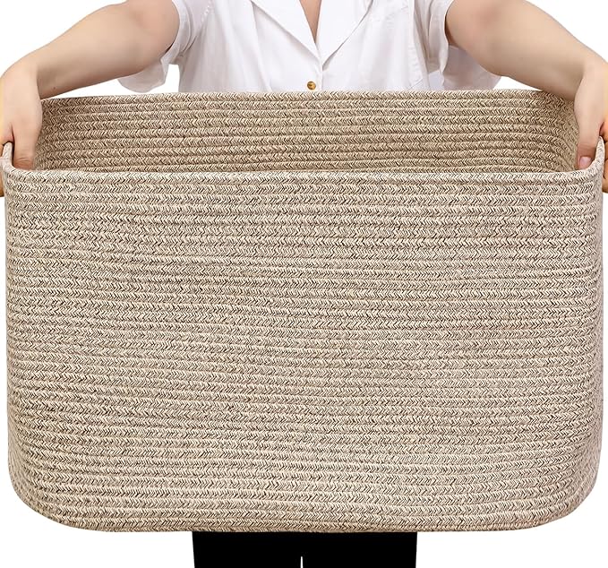 95L Large Blanket Basket, Woven Storage Baskets with Reinforced Handles, Rope Laundry Basket for Living Room, Bedroom, Nursery, Toys, Clothes,Pillows, 24â x 17â x 13.5â, Brown