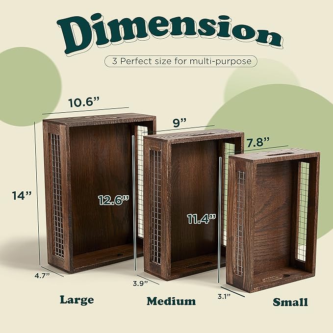 Set of 3 Extra Large Wooden Nesting Countertop Baskets, Rustic Wood Storage Organizer for Kitchen, Pantry or Bathroom – Fruit, Vegetables, Bread Crates with Handles (Largest 16")
