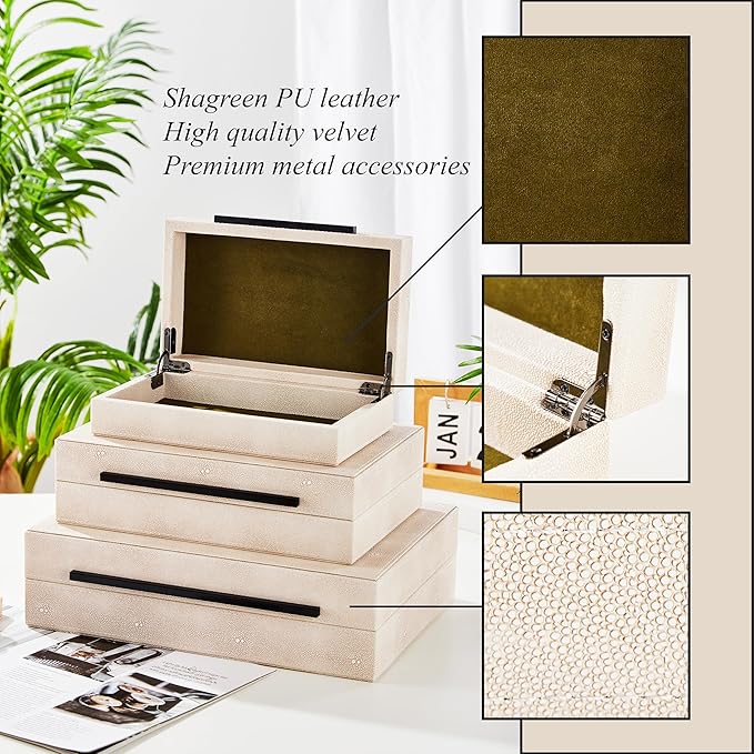 Denique Shagreen Decorative Boxes Set of 3, Leather Jewelry Storage Box Modern Storage Boxes with Lids, Ivory Stacking Boxes with Black Metal Handles Home Organizer Box
