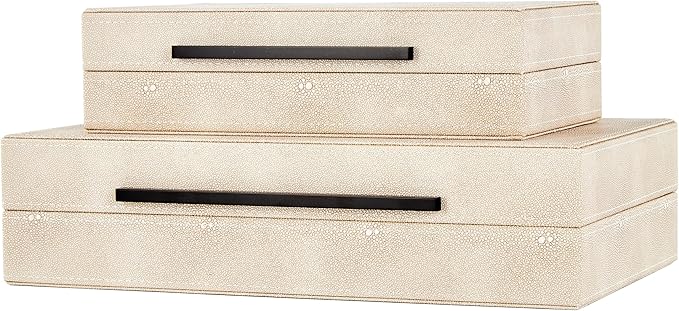 Denique Shagreen Decorative Boxes Set of 2, Leather Jewelry Storage Box Modern Storage Boxes with Lids, Ivory Stacking Boxes with Black Metal Handles Home Organizer Box