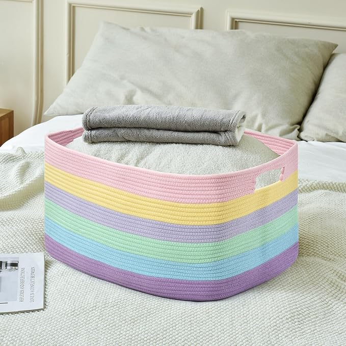 Large Blanket Basket, Rectangle Woven Baskets for Storage, Blanket Storage for Living Room, Cotton Rope Big Storage Basket for Blankets (Light Rainbow)