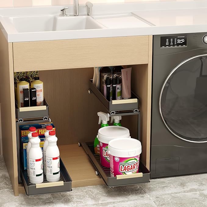 AndUp Under Sink Organizer, 2 Tiers Pull Out Bathroom Organizers and Storage, Slide Out Cabinet Organizer Shelf for Kitchen Bathroom, Multi-Purpose Collection Organizer Drawer Shelf (Gray, 2pcs)