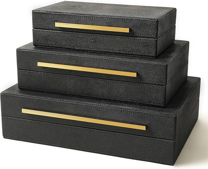 Modern Decorative Box Faux Shagreen Leather, Decorative Storage Boxes with Lids for Home Decor, Large Multifunctional Storage Jewelry Box Organizer(black 3PCS)