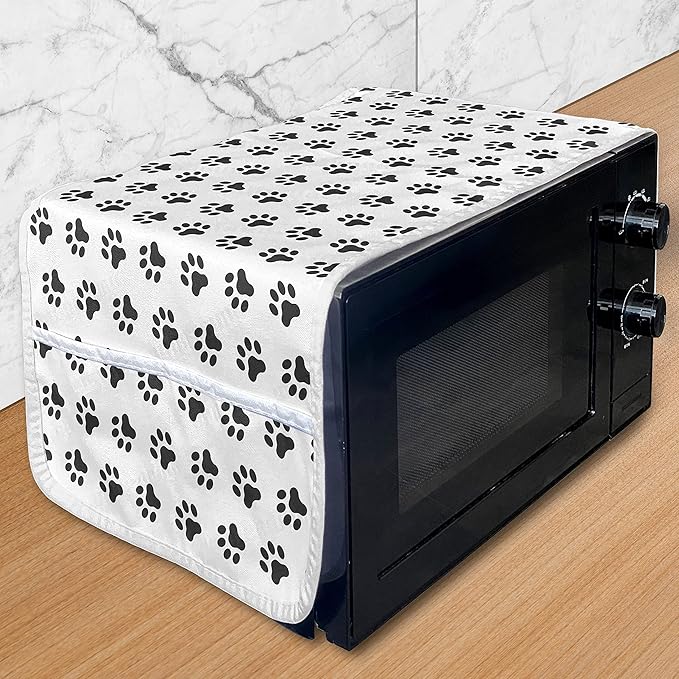 Ambesonne Paw Print Microwave Oven Cover, Puppy Kitten Dog and Cat Themed Repetitive Pet Foot's Stains Concept, Water Resistant Organizer with Pockets for Kitchen, 36" x 12", Grey White