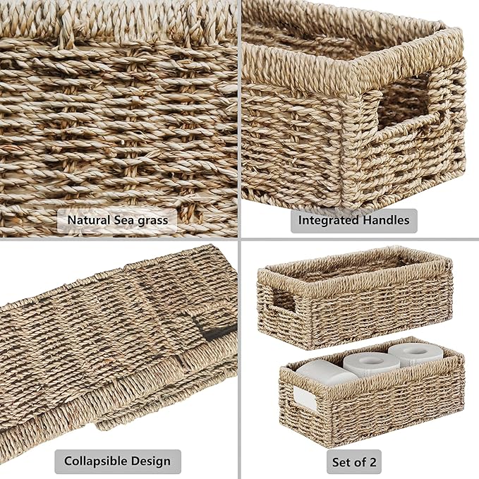 Vagusicc Storage Basket Wicker Baskets for Organizing with Handles Decorative Storage Bins for Countertop Toilet Paper Basket for Toilet Tank Top Small Baskets (11.4x6.1x4.6 inch, 2 Pack)