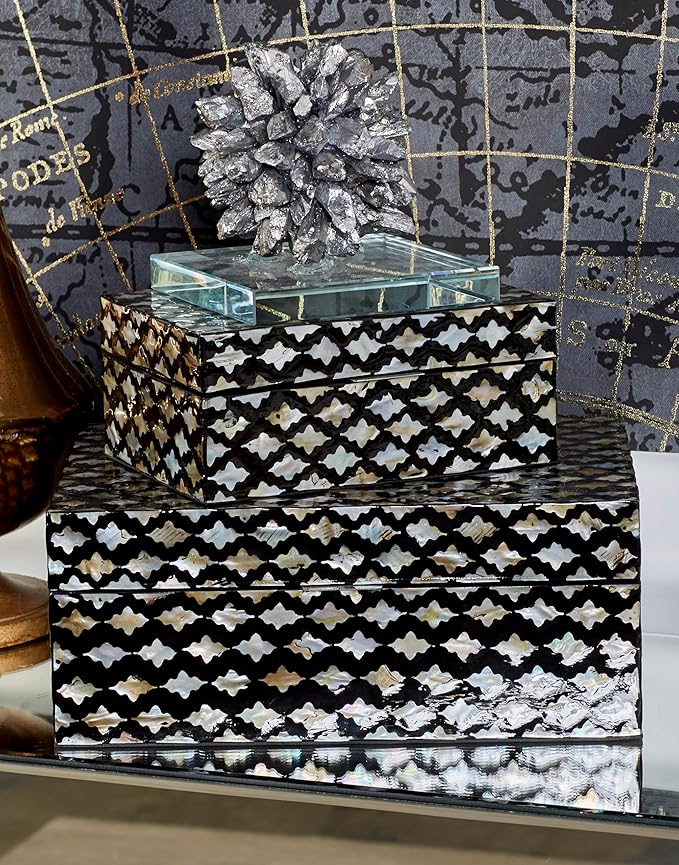 Deco 79 Mother of Pearl Shell Decorative Box Decorative Keepsake Boxes with Hinged Lid, Set of 2 Storage Boxes 12", 8"W, Black