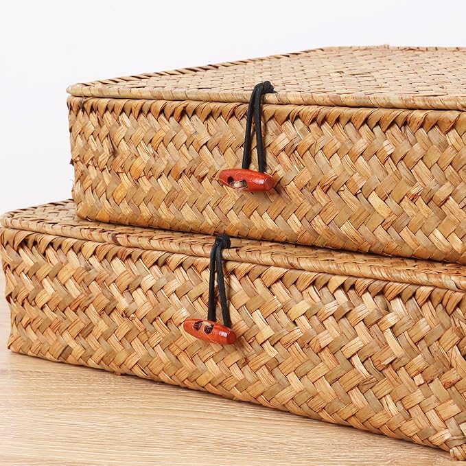 Flat Wicker Shelf Baskets with Lid, Seagrass Woven Basket Boxes for Storage Basket Bins Multipurpose Home Decor Organizer (Natural Large)