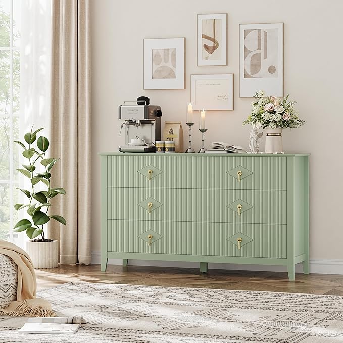 GarveeHome Fluted Dresser for Bedroom, 54 Inch Wide 6-Drawer Wood Dresser, Modern Chest of Drawers, Storage Organizer Cabinet for Living Room, Hallway, Entryway, Green